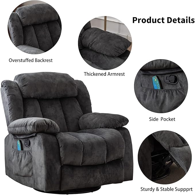 CANMOV Massage Swivel Rocker Recliner Chair with Heat and Vibration,360 Degree Manual Swivel Rocking Recliners with Side Pocket, Comfy Fabric Single Sofa Reclining Chair for Living Room, Grey