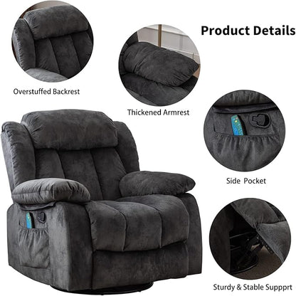 CANMOV Massage Swivel Rocker Recliner Chair with Heat and Vibration,360 Degree Manual Swivel Rocking Recliners with Side Pocket, Comfy Fabric Single Sofa Reclining Chair for Living Room, Grey
