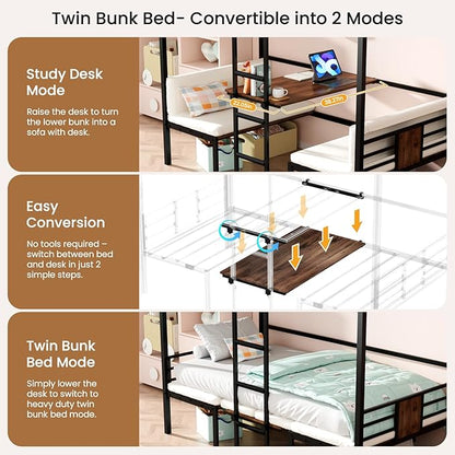 Twin Over Twin Bunk Bed, Convertible Twin Bunk Bed w/Desk & Storage & 2 Seat, Heavy Duty Metal Twin Loft Bed Frame with Safety Guardrails & EVA Padded Ladder for Teens(Cushion not Included)