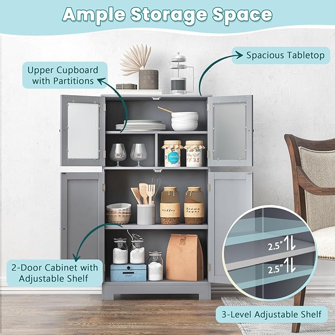 COSTWAY Bathroom Storage Cabinet, Wooden Linen Storage Organizer Cupboard with Doors & Adjustable Shelf, Freestanding Floor Cabinet for Living Room, Kitchen, Entryway, Office (Grey)