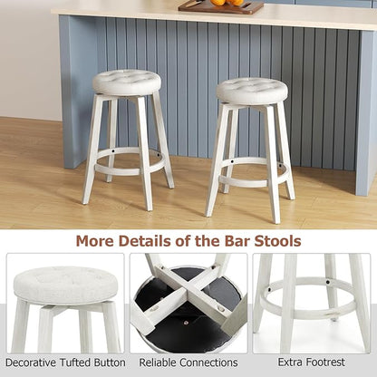 COSTWAY 360° Swivel Bar Stools Set of 2, 30-inch Height Vintage Upholstered Rubberwood Backless Bar Chairs with Footrest, Retro Kitchen Counter Stools for Kitchen Island Dining Room Home Bar, White