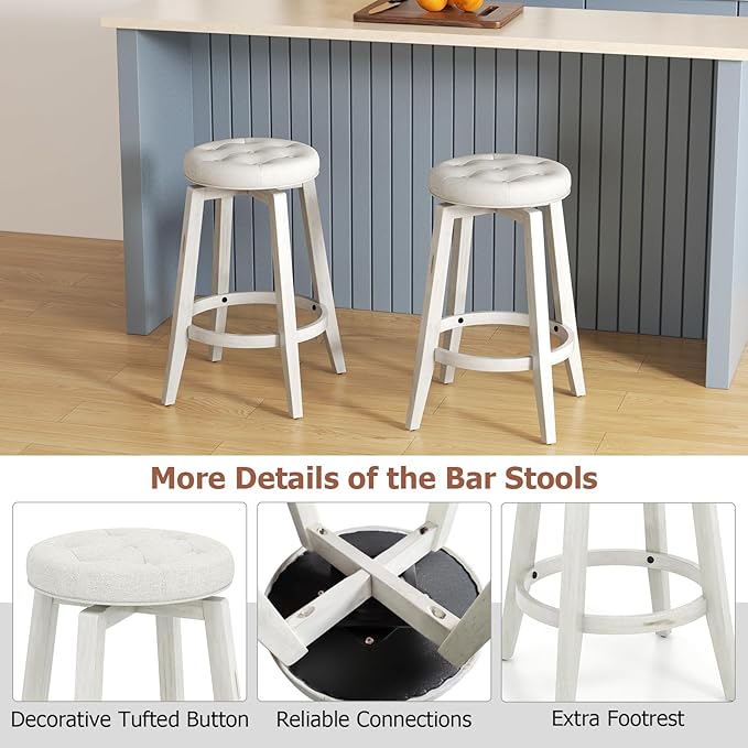 COSTWAY 360° Swivel Bar Stools Set of 4, 30-inch Height Vintage Upholstered Rubberwood Backless Bar Chairs with Footrest, Retro Kitchen Counter Stools for Kitchen Island Dining Room Home Bar, White