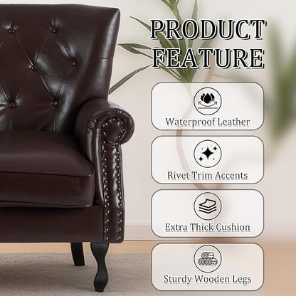 Modern Faux Leather Accent Chair, Upholstered Mid-Century Armchair with Solid Wood Legs, Single Sofa Chair for Living Room, Bedroom, or Reading Room（Caramel）