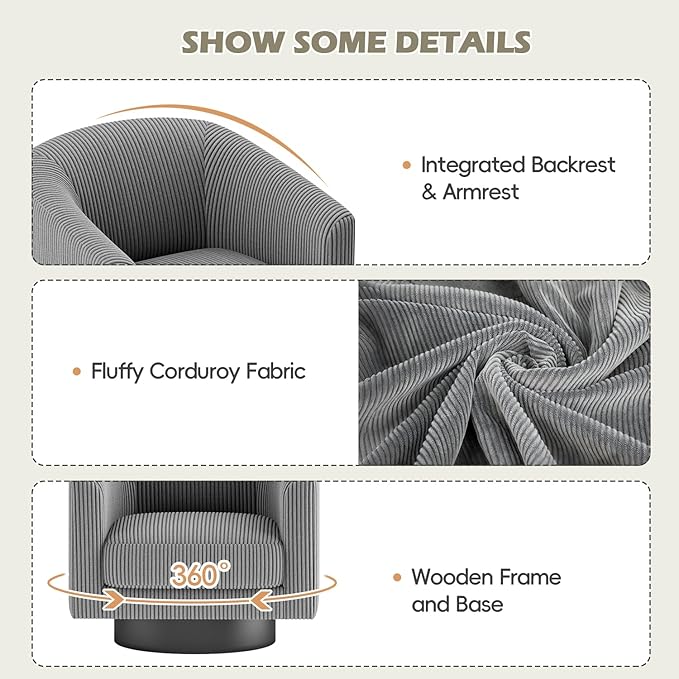 360° Swivel Accent Chairs, Modern Bucket Chair, Corduroy Barrel Armchair, Comfy Boucle Chair, Single Sofa for Living Room Bedroom. Dark Grey