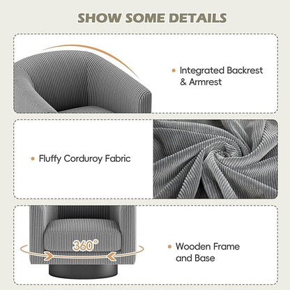 360° Swivel Accent Chairs, Modern Bucket Chair, Corduroy Barrel Armchair, Comfy Boucle Chair, Single Sofa for Living Room Bedroom. Dark Grey