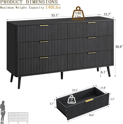 CARPETNAL Fluted 6 Drawer Dresser for Bedroom, 55" Wide Wooden Chest of Drawers with Rounded Corners, Gold Handles, Modern Storage Organizer for Bedroom, Hallway(Black)