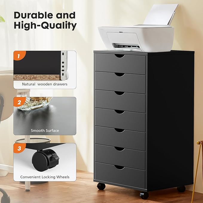 Simple Deluxe 7-Drawer Chest, Office File Cabinet with Wheels, Black