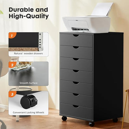 Simple Deluxe 7-Drawer Chest, Office File Cabinet with Wheels, Black