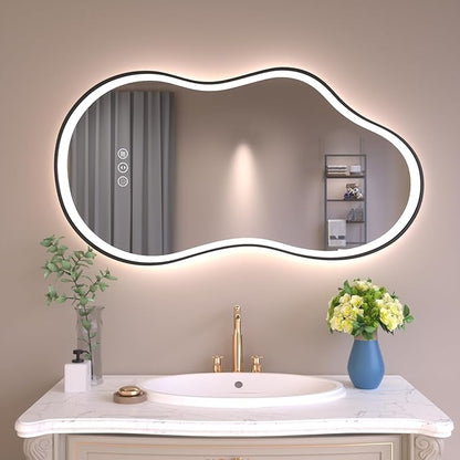 WTTY LED Irregular Bathroom Mirror 26x46 Inch with Front & Back Lights - Asymmetrical Design, Anti-Fog, Dimmable 3 Color Temperatures, Shatterproof Glass, Horizontal or Vertical Mount (Black Frame)