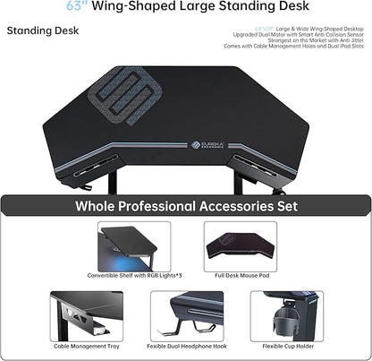 EUREKA ERGONOMIC Gaming Desk Adjustable Height Standing Desk 63" Wing Shaped Music Studio Table Workstation w Full Coverage Mousepad, 3 Stands, Dual Headphone/Cup Holder, Ipad-Slot