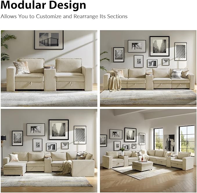 EcoHarbor Living Modular Sectional Sofa, Oversized L/U Shaped Couch with Console, USB Charger, Cup Holder, Storage, Ottoman, Convertible Couches for Living Room Bedroom Apartment, Beige