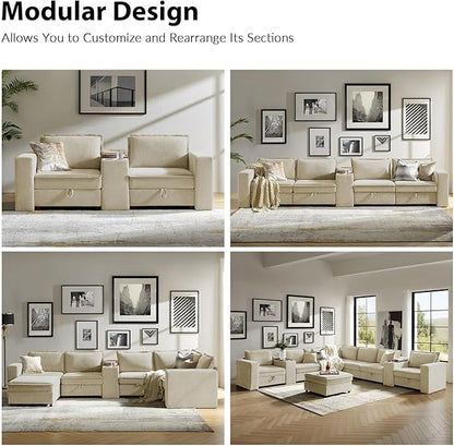EcoHarbor Living Modular Sectional Sofa, Oversized L/U Shaped Couch with Console, USB Charger, Cup Holder, Storage, Ottoman, Convertible Couches for Living Room Bedroom Apartment, Beige