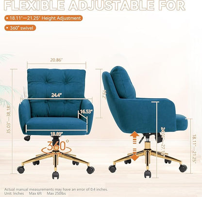 Velvet Office Chair, Comfy Home Office Desk Chairs with Lumbar Support, Modern Velvet Desk Chair Gold Legs Small Swivel Task Chair for Home Office, Bedroom, Study (Blue, L)