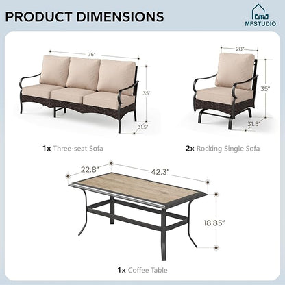 MFSTUDIO 4 Pieces Outdoor Patio Furniture Set, Metal Outdoor Conversation Set, Rattan Wicker Patio Sectional Sofa Set with 2 x Rocking Single Sofa, 3-Seat Sofa, 1 x Coffee Table, Beige