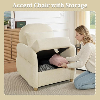 Modern Accent Chairs for Living Room, Comfy Chenille Armchairs with Storage, Single Reading Chairs for Bedroom, Study Room, Apartment, Tool Free Assembly, Beige