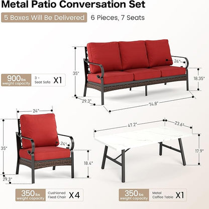 6 Piece Metal Outdoor Patio Furniture Sets, Patio Conversation Sets with 3-Seater Sofa, 4 Single Sofa (5.75" Thick Cushion) & Coffee Table, Black Frame Backyard Furniture, Rust Red