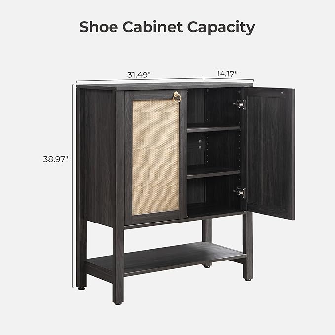 SICOTAS Rattan Shoe Storage Cabinet - 5 Tier Farmhouse Boho Shoe Storage Organizer Cabinet with Doors and Shelves, Tall Shoe Rack for Entryway, Hallway, Living Room, Closet (Obsidian)