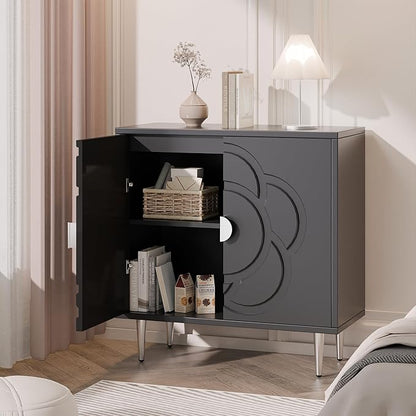 TOLEAD Storage Cabinet, Modern Sideboard Buffet Cabinet with Decorative Flower Pattern Doors, Accent Sideboard Cabinet for Living Room, Kitchen, Grey