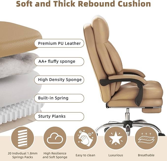 Home Office Desk Chair, 90°-160° Reclining, High Back Executive OfficeChair 400LBS with Footrest, Ergonomic Scratch-Resistant Faux Leather Computer Gaming Chair with Lumbar Support, Coffee