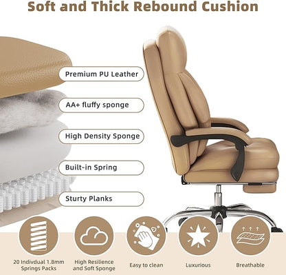 Home Office Desk Chair, 90°-160° Reclining, High Back Executive OfficeChair 400LBS with Footrest, Ergonomic Scratch-Resistant Faux Leather Computer Gaming Chair with Lumbar Support, Coffee