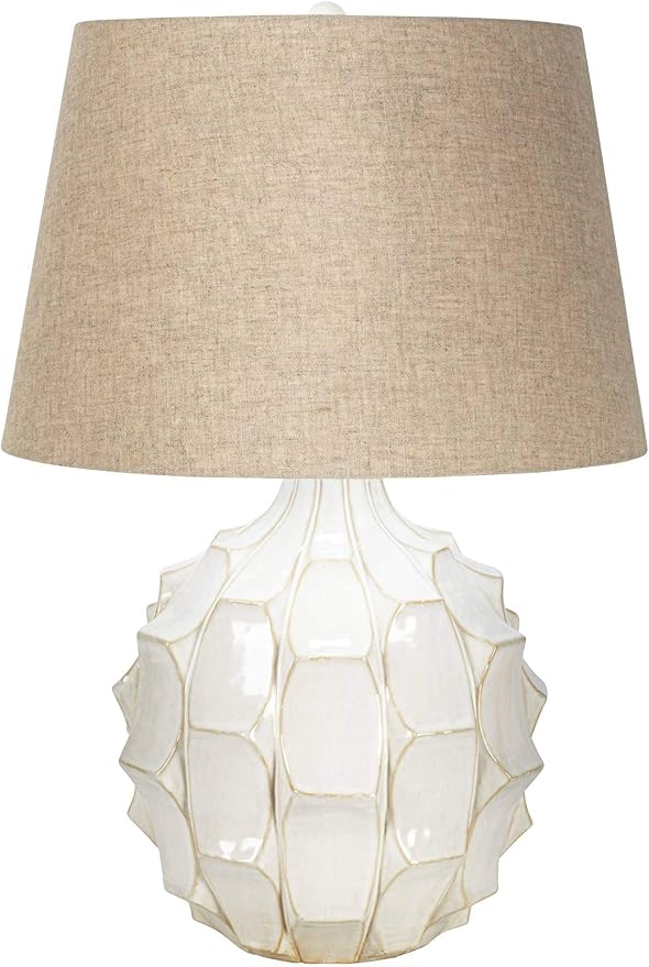 Possini Euro Design Cosgrove Mid Century Modern 3-Way Table Lamp with Table Top Dimmer 26.5" High White Glazed Ceramic Light Brown Linen Drum Shade for Living Room Bedroom House Bedside Nightstand