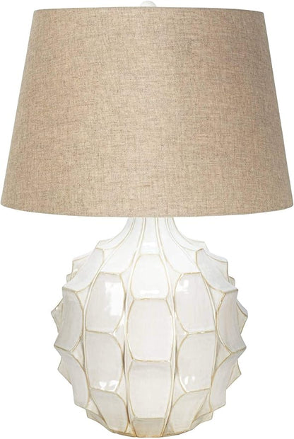 Possini Euro Design Cosgrove Mid Century Modern 3-Way Table Lamp with Table Top Dimmer 26.5" High White Glazed Ceramic Light Brown Linen Drum Shade for Living Room Bedroom House Bedside Nightstand