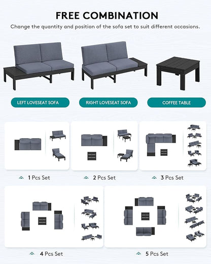 SERWALL HDPE Outdoor Furniture Set, Loveseat and Coffee Table, All Weather Patio Sofas, Seats 2, Outdoor Sectional Sofa for Backyard, Balcony, Black Frame with Grey Cushion