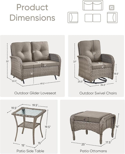 HUMMUH 6 Pieces Patio Furniture Set-Patio Glider Loveseat with Rattan Outdoor Swivel Chairs Outdoor Conversation Furniture Sets for Deck Lawn Porch Balcony Poolside-Grey/Grey