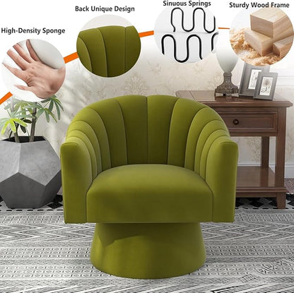 Swivel Accent Chair,Upholstered Velvet 360° Swivel Barrel Chair for Living Room Overstuffed Bouncle Reading Chair Round Armchair for Bedroom,Vanity,Office(Grass-Green)