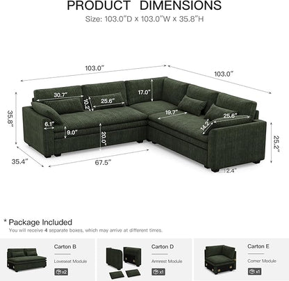 Belffin Large Modular Sectional Sofa with Double 61" Loveseat, Corduroy Corner Couch with 9" Soft Dual-Layer Seats Cushion for Living Room, Apartment, Small Sapce, Green