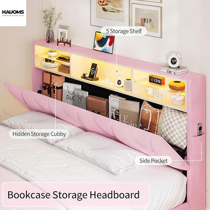 Queen Bed Frame with Storage Headboard,Power Outlet, Modern Velvet Upholstered Platform Bed LED Bed Frame with 5 Storage Shelves, No Box Spring Needed, Pink