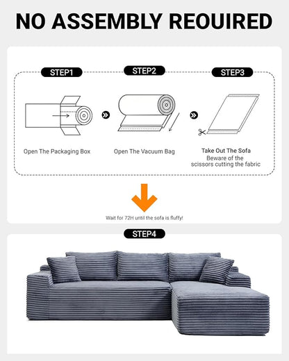 108 Inch Cloud Sectional Couch,Modern Modular Sectional Sofa with Deep Seat,Corduroy Boneless Couches with L-Shape Chaise for Living Room,No Assembly Required (Grey, Right Facing Chaise)