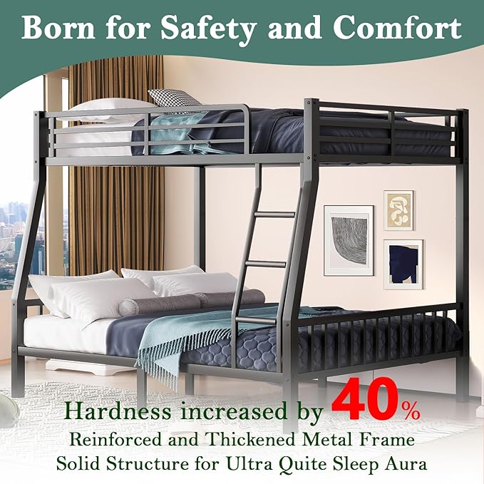 Bunk Bed Full XL Over Queen, Heavy Duty Metal Bunk Bed Frame, Queen bunk Bed with Guardrail Heavy Duty Bunk Bed Frame for Adults - Teens Dorm Bedroom Guest Room（Black）