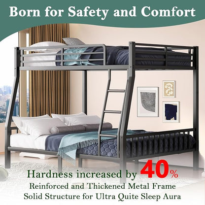 Bunk Bed Full XL Over Queen, Heavy Duty Metal Bunk Bed Frame, Queen bunk Bed with Guardrail Heavy Duty Bunk Bed Frame for Adults - Teens Dorm Bedroom Guest Room（Black）