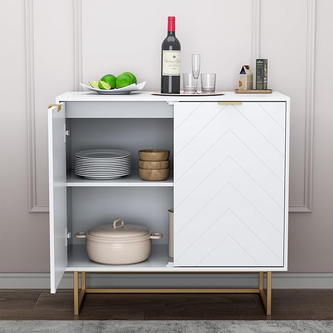 Scurrty 94.5" Large Sideboard Buffet, Storage Cabinet with Golden Legs, Black Sideboard Storage Cabinet with 6 Doors and Adjustable Shelf, Accent Cabinet for Living Room, Kitchen,White