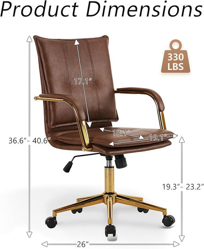 MOJAY Mid-Back Ergonomic Leather Office Chair, Modern Upholstered Executive Desk Chair with Gold Frame Armrest Computer Task Chair (Camel)