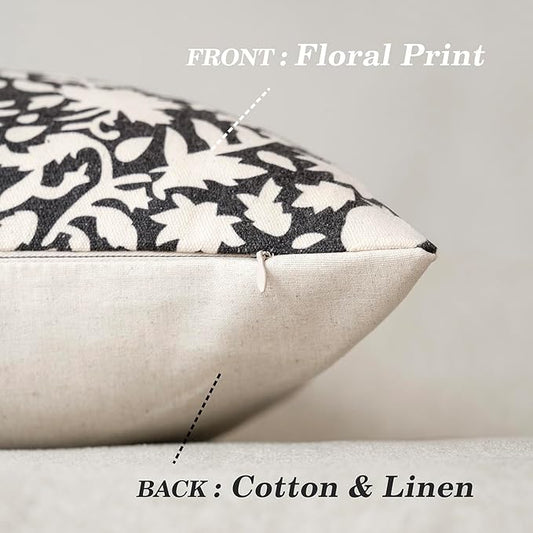 Foindtower Set of 2 Decorative Neutral Floral Throw Pillow Covers Accent Farmhouse Cushion Covers Boho Vintage Pillowcase for Couch Sofa Bedroom Living Room Home Decor24×24 Inch,Black