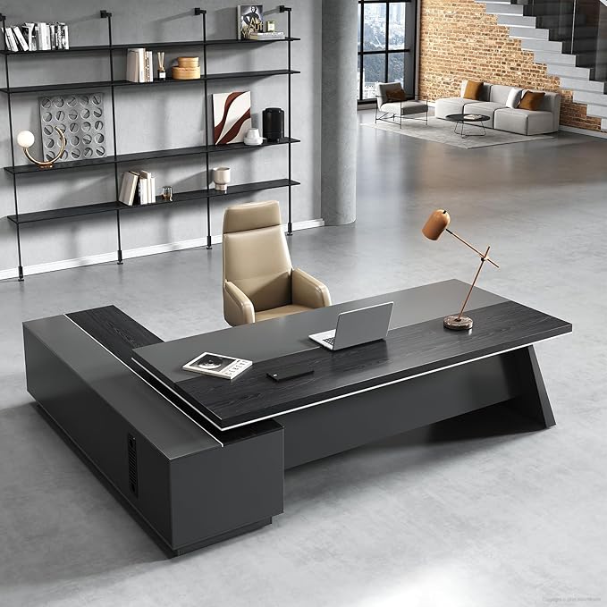 Modern L Shape Executive Desk with Storage Drawers – Large Black Corner Executive Desk for Home Workspace, Spacious Computer Table with Cabinets (Black/Right, 79" L * 63" W * 30" H)