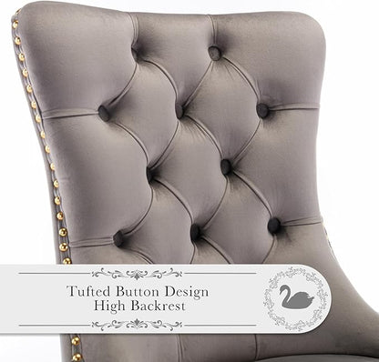 Velvet Upholstered Dining Chairs Set of 4, Modern Style Kitchen Side Chairs with Nailhead Trim and Gold Plated Leg, Metal Pulling Ring for Dining Room Living Room(Gery-Gold Plated Leg)