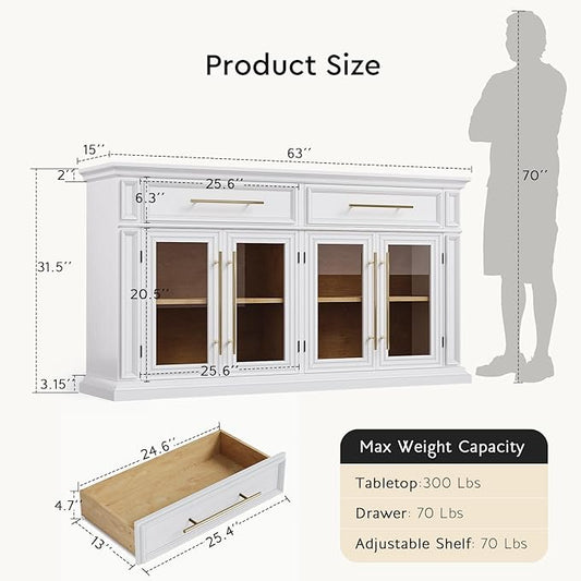 LGHM 63" Sideboard Buffet Cabinet with Storage, Modern Credenza with 4 Doors & Adjustable Shelves, Wood Coffee Bar Kitchen Cabinet with 2 Large Drawers for Living Room