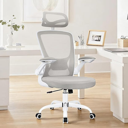 High Back Ergonomic Office Chair, Home Office Mesh Desk Chairs with Lumbar Support, Flip-up Armrests, Swivel Computer Chair for Gaming, Light Gray