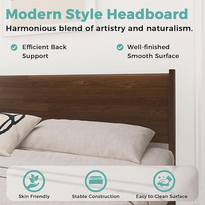 King Bed Frame and Headboard, Mid Century Platform Bed Frame, Malaysian Oak King Bedframe with Adjustable Support Legs, No Box Spring Needed, Easy Assembly, Antique Espresso