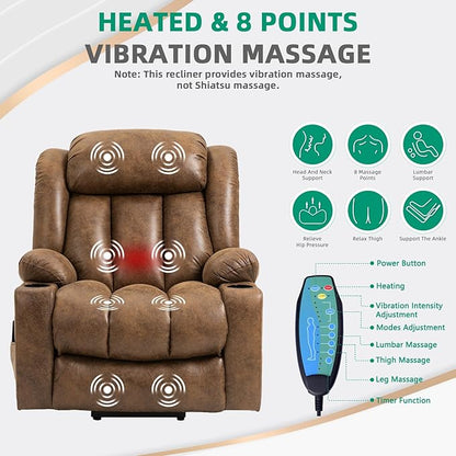 VIVIJASON Tall Man Large Power Lift Recliner Chair with Massage and Heat for Elderly, Overstuffed Wide Electric Lift Recliner with Extended Footrest, 2 Cup Holder, Side Pockets & USB Ports (Brown)