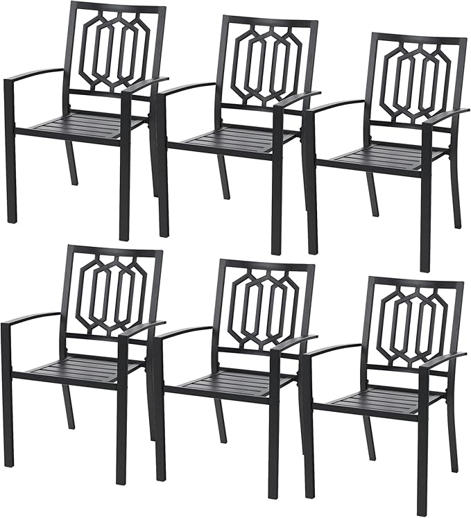 PHI VILLA Metal Outdoor Dining Chairs Set of 6 - Stackable Black Patio Chairs, 300lb Capacity (Geometry)