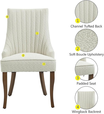mikibama Boucle Dining Chairs Set of 2 Channel Tufted Kitchen Dinner Chair Comfy Teddy Fabric Upholstered Accent Chair for Dining Room with Solid Wood Legs (Off White 2pc)