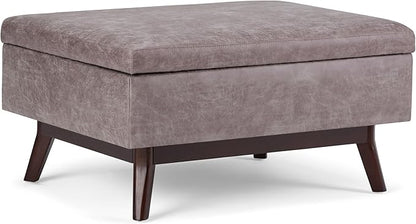 SIMPLIHOME Owen 34 inch Wide Mid Century Modern Rectangle Coffee Table Storage Ottoman in Distressed Grey Taupe Vegan Faux Leather, Assembled, for the Living Room, Entryway and Family Room