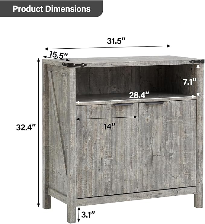 Buffet Cabinet with Storage - Modern Farmhouse Rustic 32 Fluted Sideboard Storage Cabinet Buffet with Adjustable Shelves, Coffee Wine Bar Organizer for Dining Room (Grey)