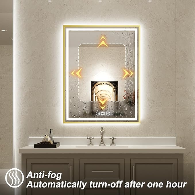 LED Bathroom Mirror, 28x36 Inch Frontlit & Backlit Gold Framed Lighted Mirror,Wall Mouted Vanity with Lights,Double Lights Strips,Anti Fog Stepless 3 Colors Temperature & Dimmable