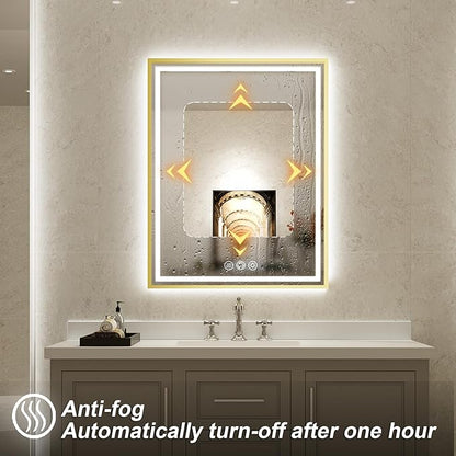 LED Bathroom Mirror, 28x36 Inch Frontlit & Backlit Gold Framed Lighted Mirror,Wall Mouted Vanity with Lights,Double Lights Strips,Anti Fog Stepless 3 Colors Temperature & Dimmable