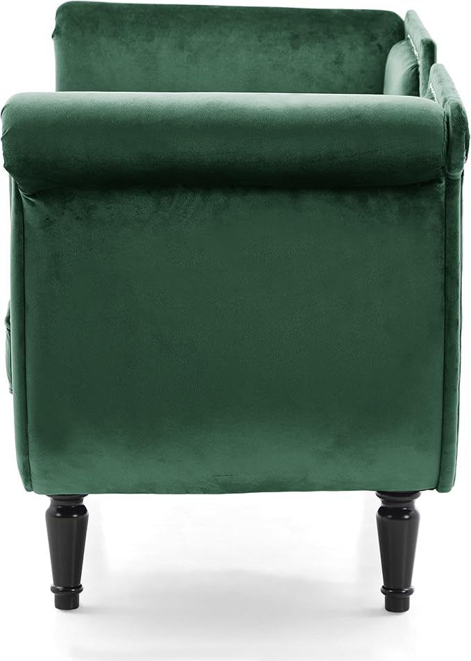 Christopher Knight Home Aurora Velvet Chaise Lounge Indoor with 2 Bolster Pillows, Upholstery Entryway Bench with Nailhead Trim & Curved Arms, End of Bed Bench Ottoman and Wooden Legs, Green